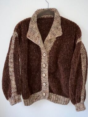 Hand-Knit Womens Sweater Brown And Chenille Cardigan Wood Buttons Sm/Med Vintage